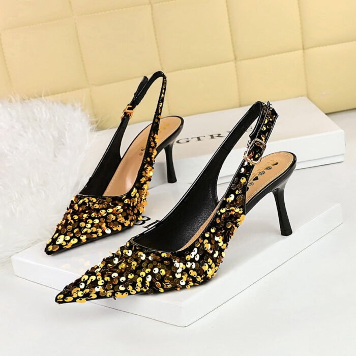 BIGTREE SHOES 869-A22 European and American Style Banquet High Heels Women's Shoes Hollow Back Shoes Shallow Mouth Pointed-Toe Hollowed Back Strap Sequined Shoes - Image 4