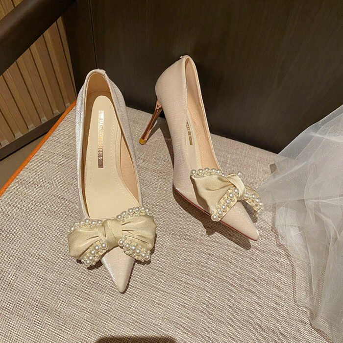 858-61 High Heels Women's New Buckle Pearl Bow Temperament Leisure Pumps - Image 6