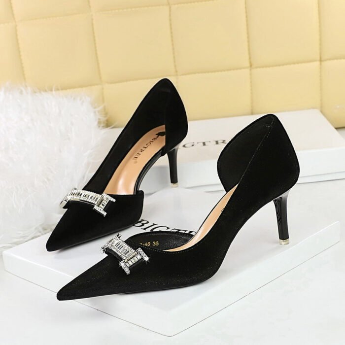 BIGTREE SHOES 1363-Ak80 Banquet High Heels Women's Shoes Stiletto Suede Shallow Mouth Pointed Side Hollow Metal Rhinestone Buckle Pumps - Image 3