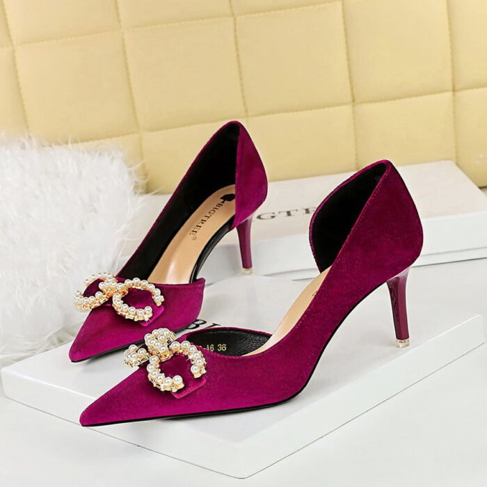 BIGTREE SHOES 1363-Ak79 Banquet Women's Shoes High Heel Suede Shallow Mouth Pointed Side Hollow Rhinestone Buckle Pearl Bow Pumps - Image 3
