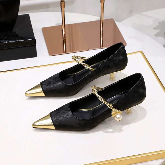 BIGTREE SHOES 237-23 National Style Women's Shoes Stiletto Heel Metal Heel Mid Heel Patchwork Assorted Colors Pointed Toe Shallow Mouth Strap Pearl Shoes Women - Image 3