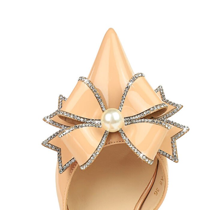 BIGTREE 638-AH13 European and American Banquet High Heel Shiny Patent Leather Shallow Mouth Pointed Side Hollow Pearl Rhinestone Bow Pumps - Image 4
