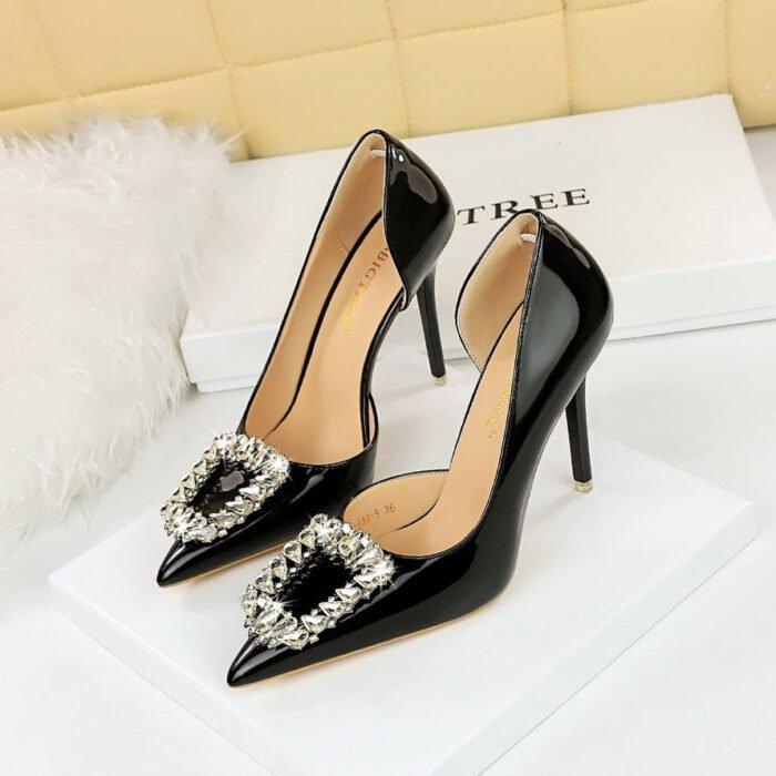 BIG TREE SHOES 638-K30 European and American Style Banquet Women's Shoes High Heel Low-Cut Pointed Toe Side Hollow Rhinestone Buckle Pumps Wedding Shoes High Heels - Image 2