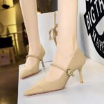 BIGTREE SHOES 9116-A3 Banquet High Heels Stiletto Low-Cut Pointed Corduroy Metal Buckle Ankle-Strap High Heel Pumps Women - Image 4