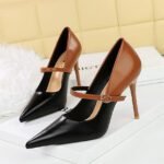 BIGTREE SHOES 9116-2 Retro European American Style Fashion High Heels Stiletto Women's Shoes Shallow Mouth Pointed-Toe Colorblock Ankle-Strap High Heel Pumps - Image 2