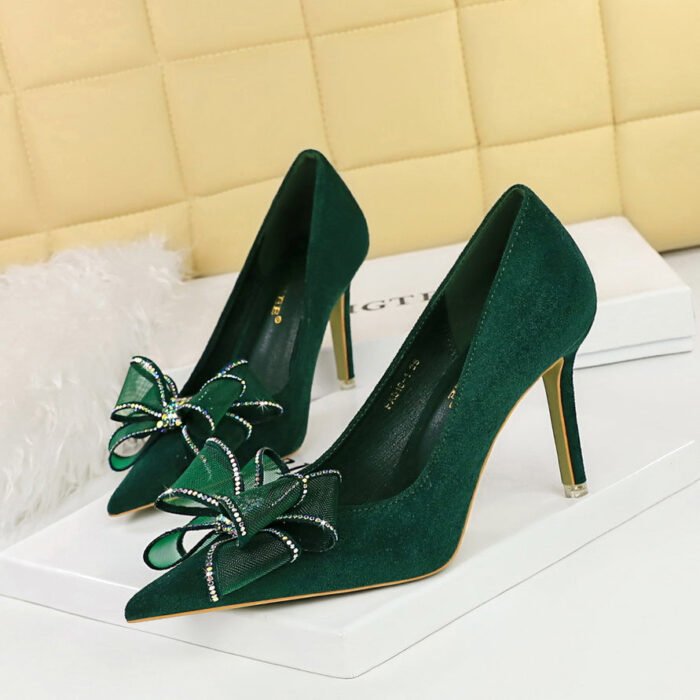 BIGTREE SHOES 516-H38 Banquet High Heels Stiletto Women's Shoes Suede Shallow Mouth Pointed Lace Rhinestone Bow High Heel Pumps - Image 1