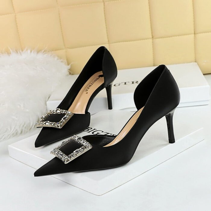BIG TREE SHOES 3226-Ak35 European and American All-Matching High Heels Women's Shoes Stiletto Heel Shallow Mouth Pointed Toe Side Hollow Metal Buckle Pumps - Image 4