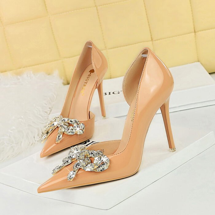 BIG TREE SHOES 638-H19 European and American High Heels Stiletto Heel Banquet Women's Shoes Shallow Mouth Pointed Side Hollow Patent Leather Rhinestone Bow Single - Image 3