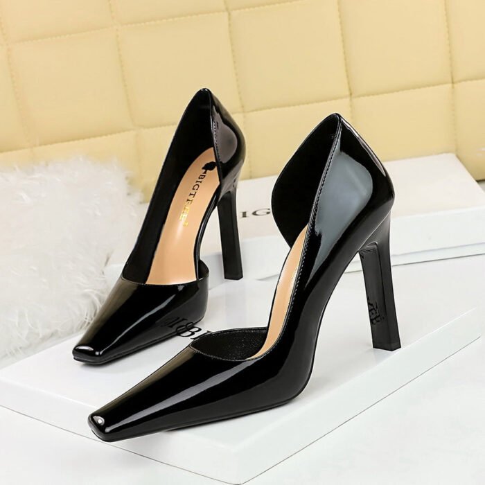 BIG TREE SHOES 3275-1 European and American Style Fashion Simple Banquet Women's Shoes Thick Heel Super High Heel Patent Leather Low-Cut Side Hollow Square Head Pumps - Image 3