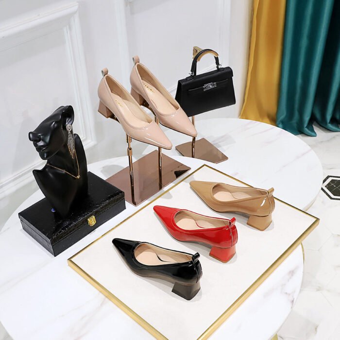 1235-1 Korean Fashion Simple Comfortable All-Matching Chunky Heel Mid Heel Patent Leather Shallow Mouth Pointed Business Ol Women's Thin Shoes - Image 5