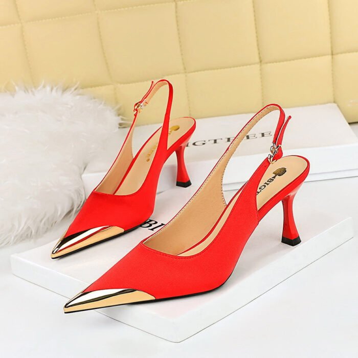 BIG TREE SHOES 3716-5 European and American Sexy Banquet Women's Shoes Stiletto Heel Shallow Mouth Metal Pointed Toe Satin Hollow Back Strap Pumps - Image 1