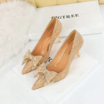 Big Tree Shoes 1829-AH5 European and American Style Banquet Women's Shoes High Heel Low-Cut Pointed Shining Sequin Cloth Rhinestone Bow Pumps Women - Image 3
