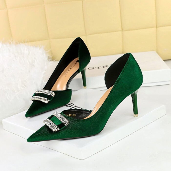 BIGTREE SHOES 1363-Ak76 Banquet Women's Shoes High Heel Stiletto Heel Thick Suede Shallow Mouth Pointed Toe Side Hollow Rhinestone Buckle Women's Shoes - Image 2