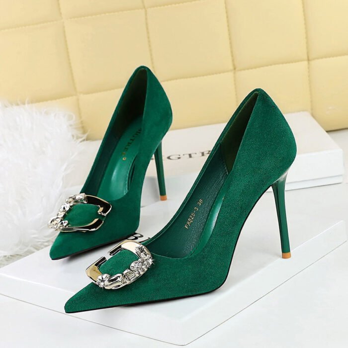 BIGTREE SHOES 825-K52 Banquet High Heels Women's Shoes Stiletto Heel Shallow Mouth Pointed Toe Suede Metal Rhinestone Belt Buckle Pumps - Image 3