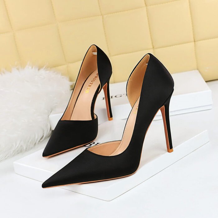 BIG TREE Shoes 18188-6 European and American Style Super High Heel Stiletto Satin Shallow Mouth Pointed Side Hollow Thin High Heels Women's Thin Shoes - Image 3