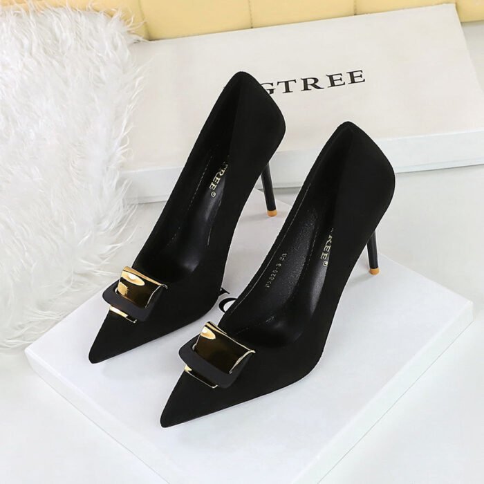 BIGTREE SHOES 825-K56 European and American Style Super High Heel Women's Shoes Stiletto Suede Shallow Mouth Pointed Toe Metal Buckle Decorative Pumps High Heels - Image 3