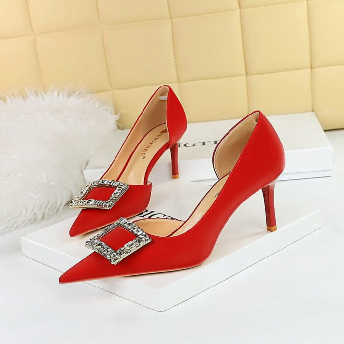 BIG TREE SHOES 3226-Ak35 European and American All-Matching High Heels Women's Shoes Stiletto Heel Shallow Mouth Pointed Toe Side Hollow Metal Buckle Pumps - Image 2