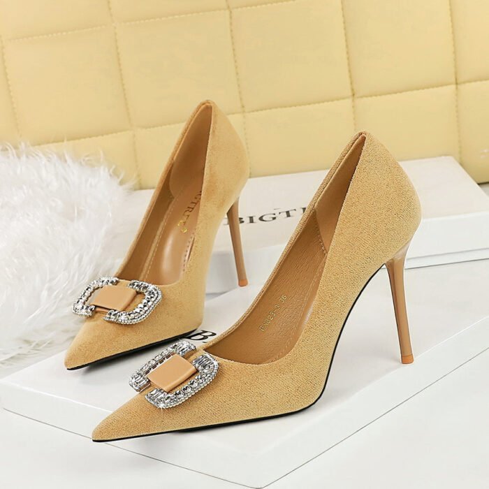 BIGTREE SHOES 825-K69 Korean Style Fashionable Banquet High Heels Stiletto Heel Women's Shoes Suede Shallow Mouth Pointed Metal Rhinestone Buckle Single-Layer Shoes - Image 1