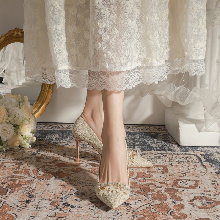 840-7 Stick Pearl Crystal Flower Wedding Shoes Xiuhe Wedding Dress Two-Way Wear Niche Not Tired Feet Stiletto Heel Bride Pumps Women - Image 4