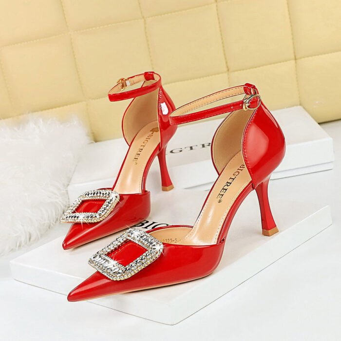 BIGTREE SHOES 8323-K32 European and American Style Sping Sandal Women's Shoes High Heel Patent Leather Shallow Mouth Pointed Toe Rhinestone Buckle Strap Hollow-out Sandals - Image 1