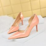 1363-A2 Korean fashion slim banquet fine heel high heel shallow pointed side hollow patent leather women's shoes single shoes high - Image 10