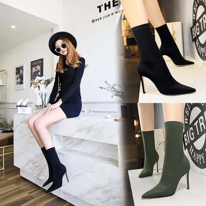 BIG TREE SHOES 315-1 European and American Simple Women's Boots Stiletto Heel Sexy Nightclub Pedicure Slimming Pointed Lycra Elastic Booties - Image 4