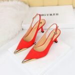 BIG TREE SHOES 3716-5 European and American Banquet Women's Shoes Stiletto Heel Shallow Mouth Metal Pointed Toe Satin Hollow Back Strap Pumps - Image 4