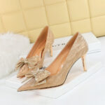 Big Tree Shoes 1829-AH5 European and American Style Banquet Women's Shoes High Heel Low-Cut Pointed Shining Sequin Cloth Rhinestone Bow Pumps Women