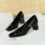 BIGTREE SHOES 5292 Retro European American Style Mid Heel Chunky Heel Low-Cut Stitching Square Head Rhinestone Buckle Ankle-Strap Shoes Spring and Autumn Women's Shoes - Image 2