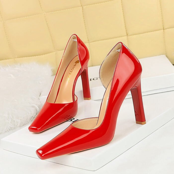 BIG TREE SHOES 3275-1 European and American Style Fashion Simple Banquet Women's Shoes Thick Heel Super High Heel Patent Leather Low-Cut Side Hollow Square Head Pumps - Image 1