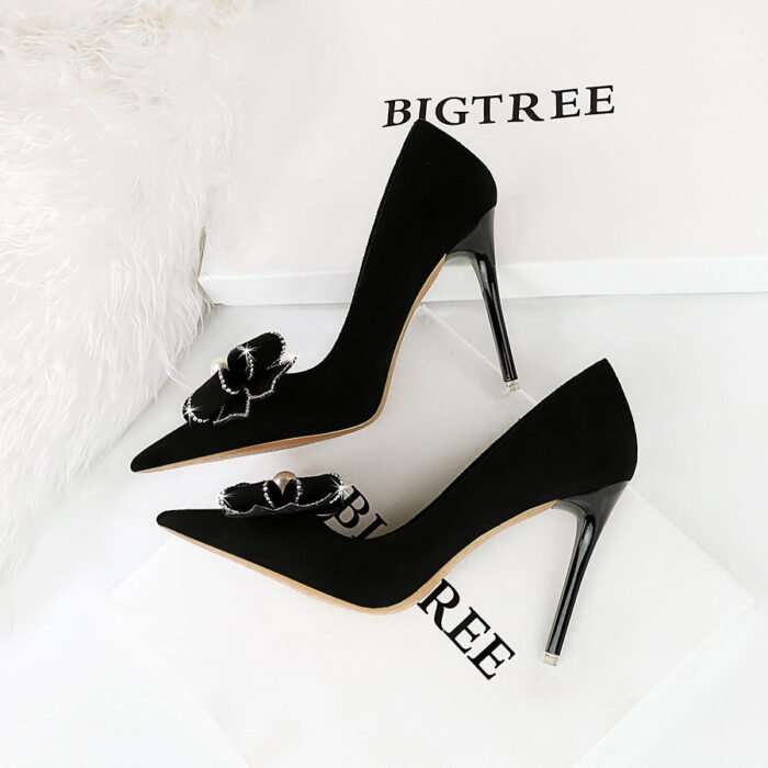 BIGTREE 9511-h16 European and American Style High Heels Women's Shoes Stiletto Heel Suede Shallow Mouth Pointed Toe Rhinestone Pearl Bow - Image 3