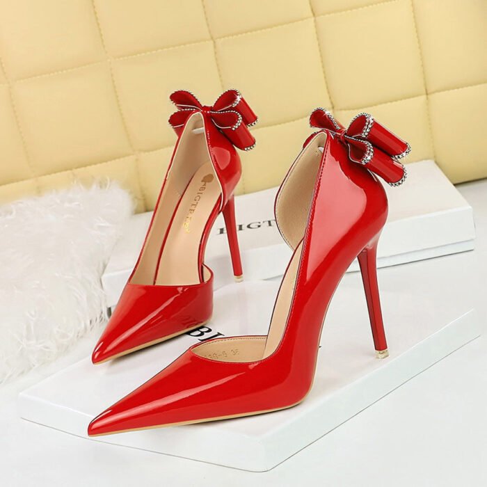 BIG TREE SHOES 638-H35m European and American Banquet High Heels Patent Leather Stilettos Shallow Mouth Pointed Toe Side Hollow Back Rhinestone Bow Pumps - Image 4