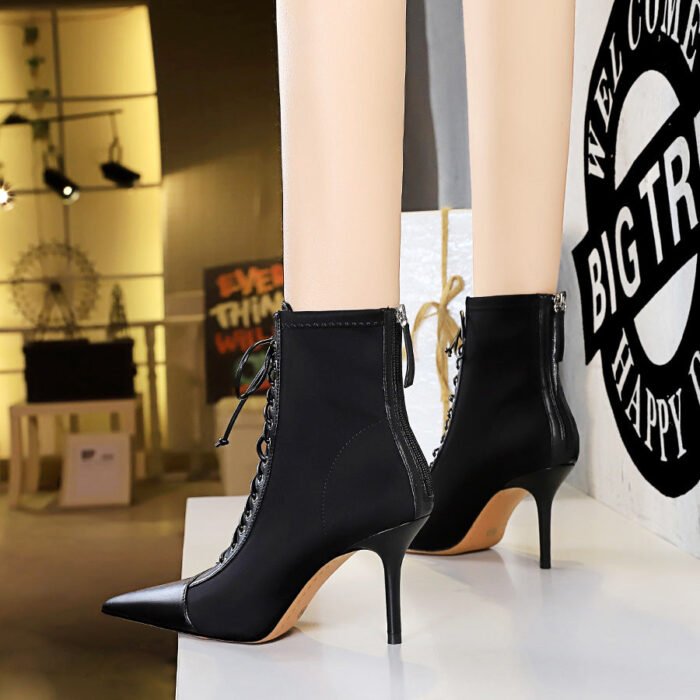 BIG TREE SHOES 1838-1 Korean Fashion Sexy Slimming Female Boots Stiletto Heel Shallow Mouth Pointed-Toe Lace Cross Strap Ankle Boots - Image 2