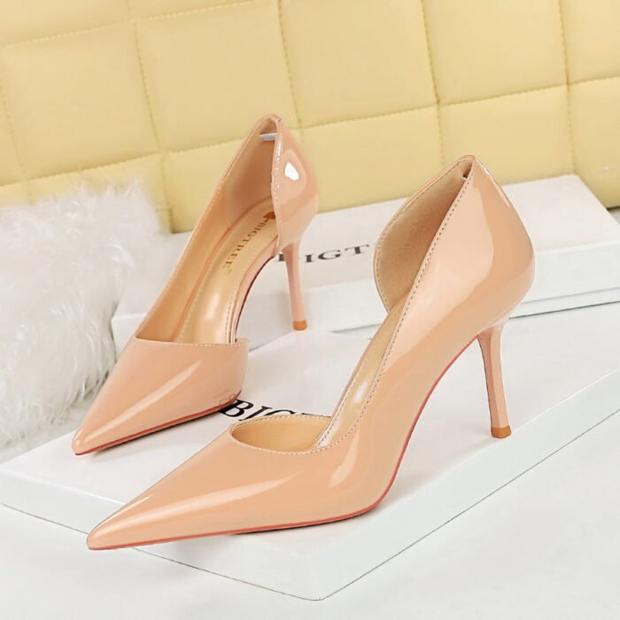 Bigtree Shoes 8236 European and American Style Fashion Simple High Heels Women's Shoes Stiletto Heel Shallow Mouth Pointed Toe Side Hollow Patent Leather Pumps Women - Image 2