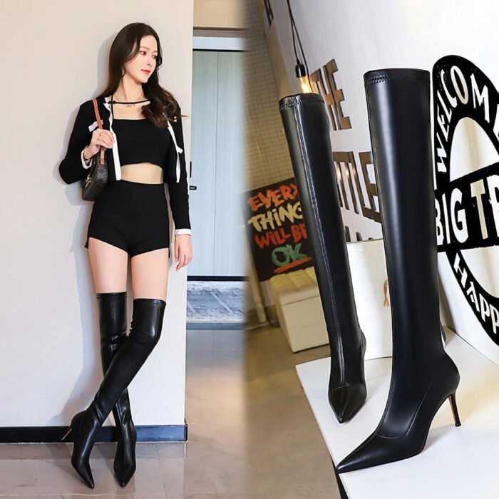 BIG TREE SHOES 315-a16 European and American Fashion Sexy Nightclubs Thinner Simple Boots Stiletto Heel Pointed Toe Leg Trimming over the Knee Length - Image 1