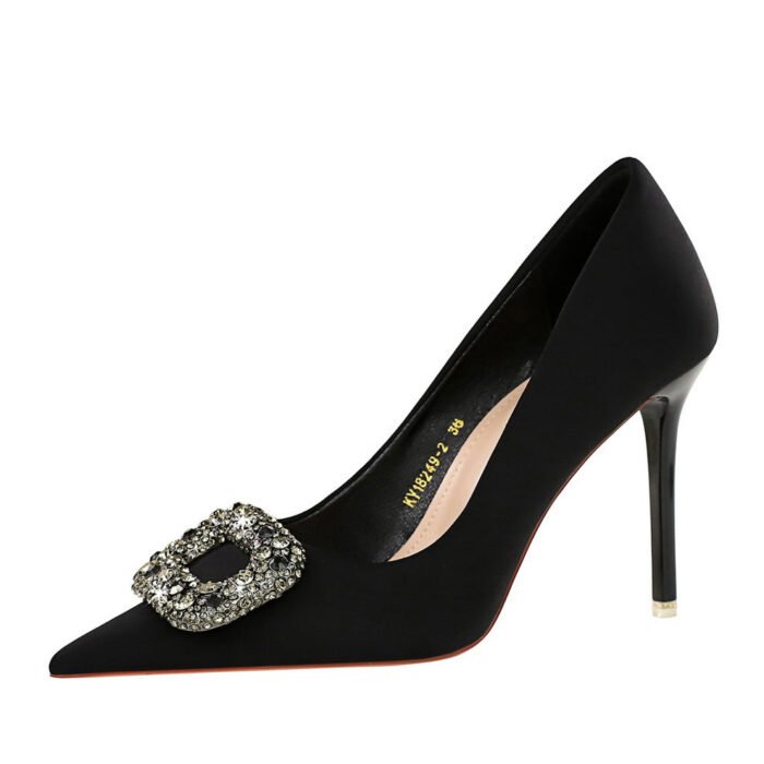 Bigtree Shoes 18249-K83 European and American Banquet High Heels Women's Shoes Satin Shallow Mouth Pointed-Toe Super High Heel Rhinestone Metal Buckle Pumps - Image 5