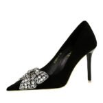 Bigtree Shoes 9511-H29 European and American Banquet High Heels Stiletto Heel Suede Shallow Mouth Pointed Toe Rhinestone Bow Pumps Women - Image 5