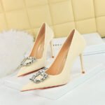 BIGTREE 3265-K2 Korean Style Stylish Women's Shoes Super High Stiletto Heel Shallow Mouth Pointed-Toe Metal Rhinestone Buckle Pumps Women's High Heels - Image 3