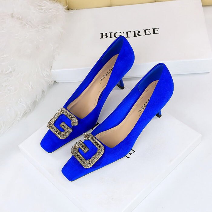 BIGTREE SHOES 6183-k21 European and American Style Banquet Women's Shoes High Heel Suede Square Toe Metal Rhinestone G Buckle Spring and Autumn Women's Shoes - Image 3