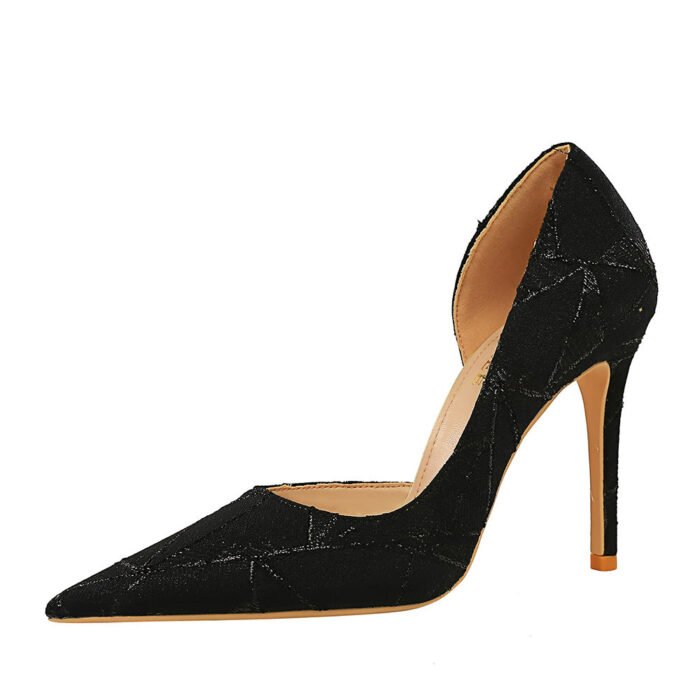 18185-5 European and American Style Sexy Nightclub Stiletto Heel Cloth Shallow Mouth Pointed Side Hollow High Heels Pumps - Image 5