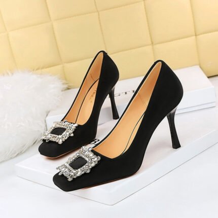 BIG TREE SHOES 7792-2k82 European and American Style Fashion Stiletto Super High Heel Low-Cut Square Toe Metal Rhinestone Buckle Pumps Women's High Heels
