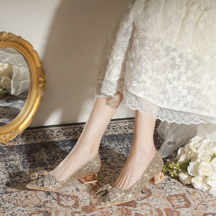 3119-145 French Wedding Shoes Bride Main Wedding Dress Bridesmaid Shoes High-Grade Crystal Thick Heel Shoes - Image 2