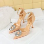 BIGTREE 8323-K29 European and American Style High Heel Low-Cut Pointed-Toe Hollowed SUNFLOWER Rhinestone Buckle Strap Sandals Women's High Heels