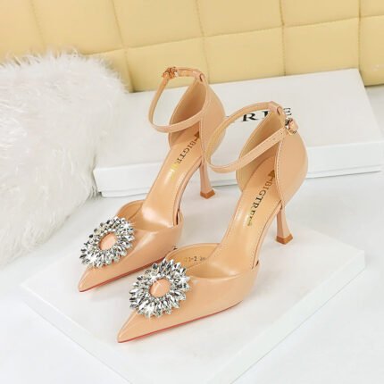 BIGTREE 8323-K29 European and American Style High Heel Low-Cut Pointed-Toe Hollowed SUNFLOWER Rhinestone Buckle Strap Sandals Women's High Heels