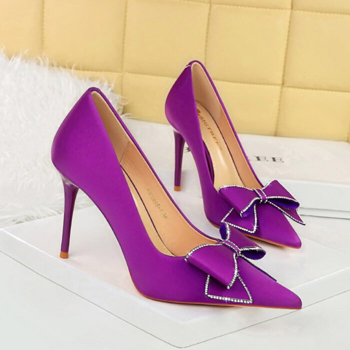 BIGTREE SHOES 3265-H37 Banquet Fashion Korean High Heel Shoes Stiletto Women's Shoes Shallow Mouth Pointed Toe Rhinestone Bow Pumps High Heel - Image 4