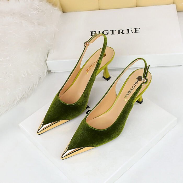 BIGTREE SHOES 3716-6 European and American Fashion Banquet Women's Shoes Wine Glass Heel High Heel Suede Metal Pointed-Toe Hollowed Back Strap Women's Shoes - Image 3