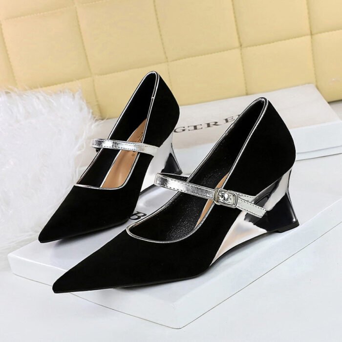 BIGTREE SHOES 2905-5 Heel Wedge Shoes Suede Shallow Mouth Pointed Toe Color Block Strap Single Shoes Women - Image 4