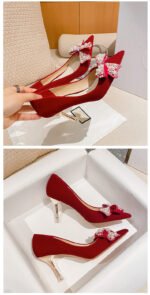 Runnig heels C888-17 Red Wedding Shoes Pointed Toe Bridal Shoes Versatile Wedding Dress Women's Butterfly High Heels - Image 10