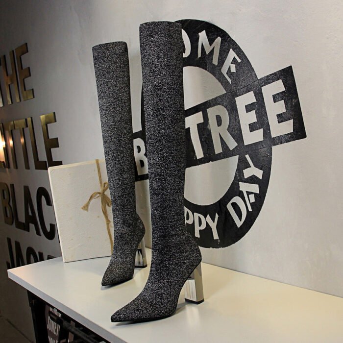 BIG TREE SHOES 3128-1 European and American Fashion Minimalist Metal Heel Chunky Heel High Heel Pointed Toe Sexy Nightclubs Thinner Wool over-the-Knee Boots - Image 4