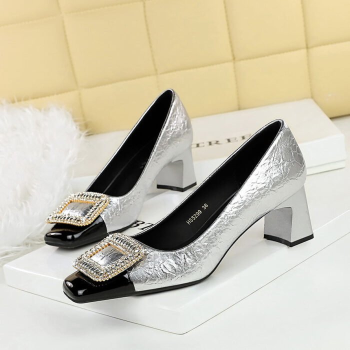 BIGTREE SHOES 5299-k32 European and American Style Banquet Women's Shoes Drill Buckle Chunky Heel Mid-Heel Low-Cut Stitching Square Toe Metal Rhinestone Buckle Pumps - Image 1